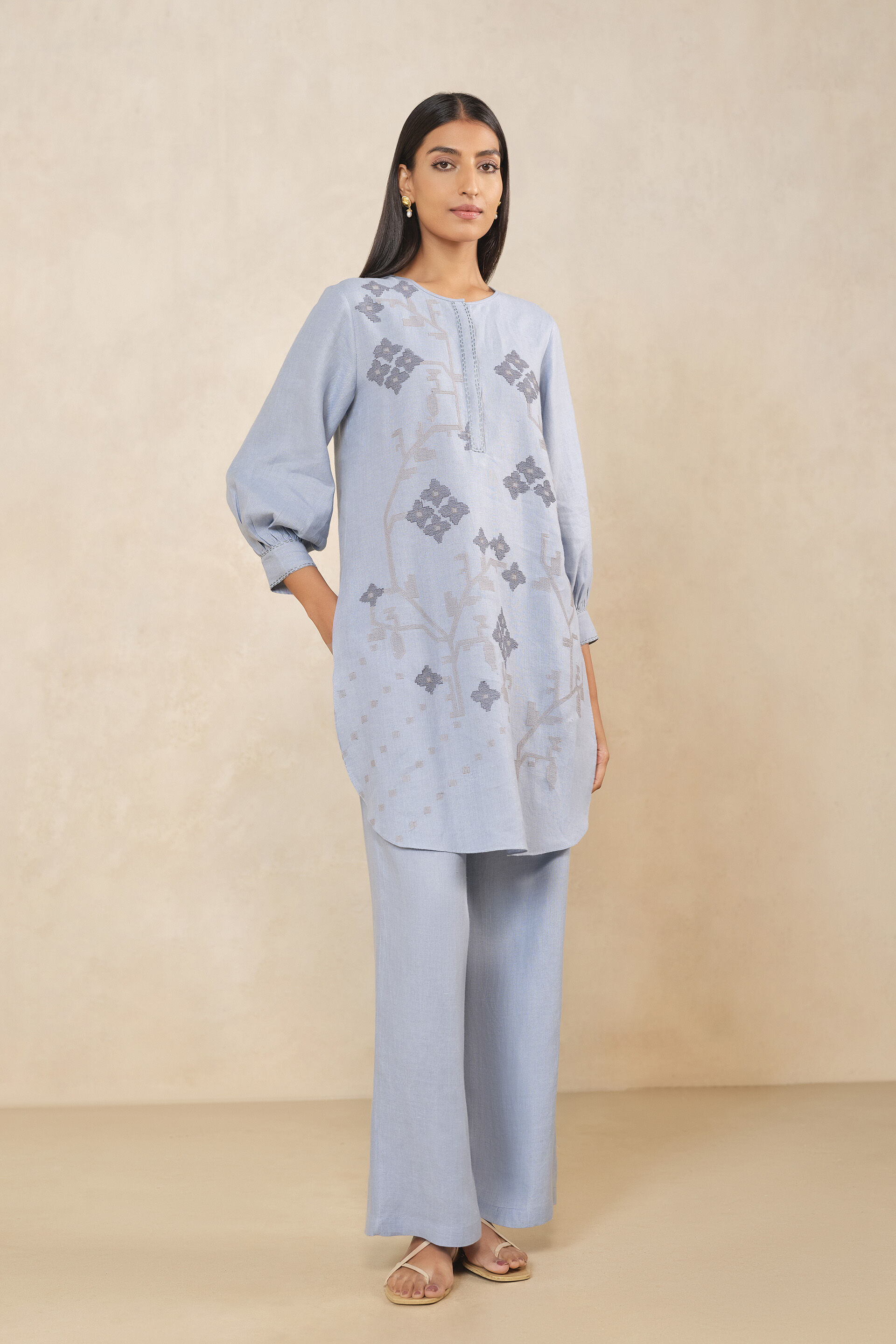 Haiku Embroidered Hemp Kurta Set - Blue